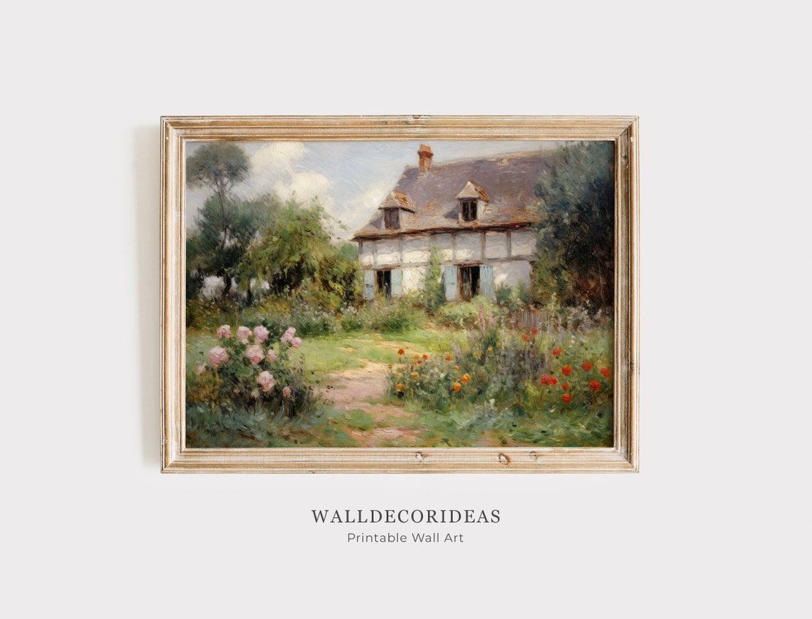 Cottage Garden With Pink Roses And Red Poppies Painting Poster