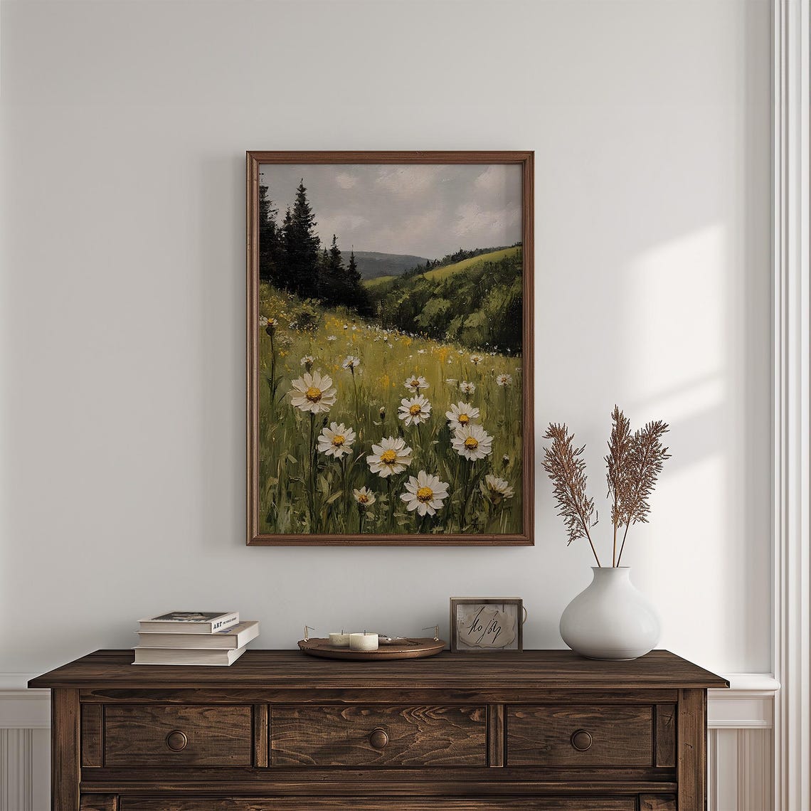 Daisy Field Before Pine Forest Vintage Green Meadow Painting Poster - Image 4
