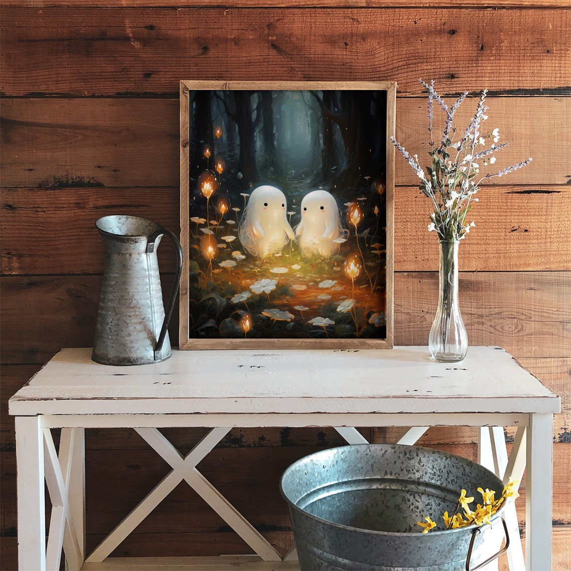 Two Cute Ghosts In Forest Halloween Decor Ghost Painting Funny Halloween Prints Nursery Wall Decor Wall Art - Image 4