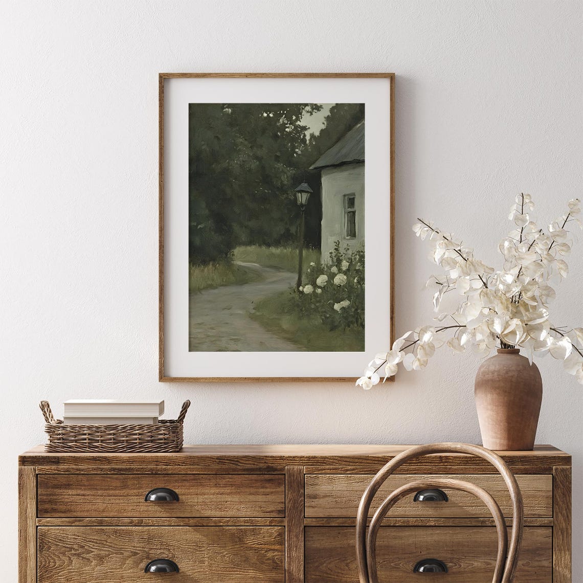 Dusk Cottage Path Vintage Lamppost White Roses Moody Night Poster - Image 7