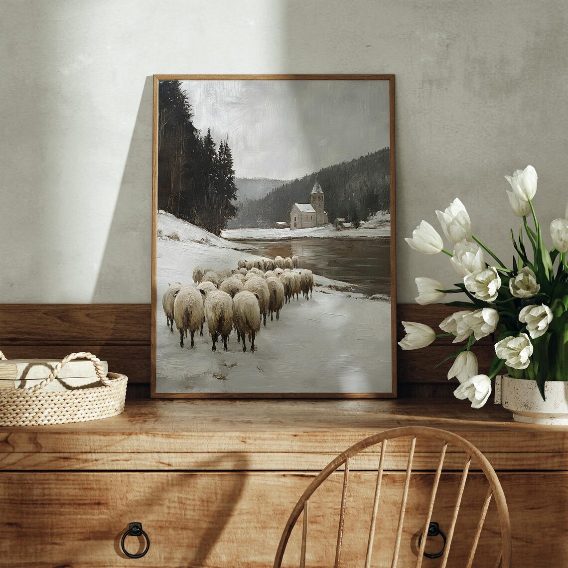 Sheep Herd On Snowy Riverbank With Church Across Water Vintage Winter Poster - Image 3