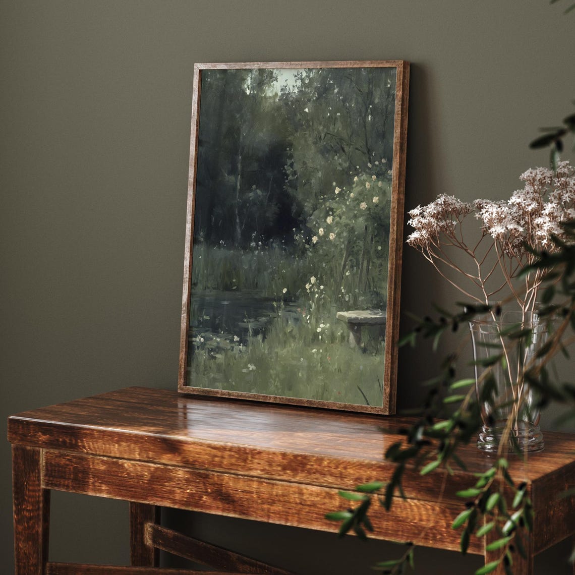 Moody Garden Pond Bench Dark Green Forest Oil Painting Wall Art - Image 6