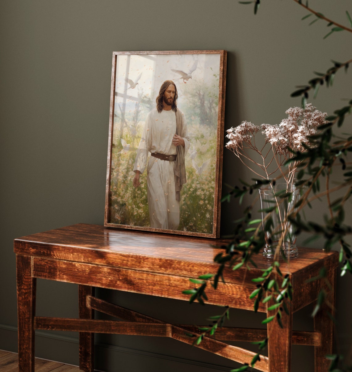 Jesus Christ White Robe Meadow Doves Christian Faith Art Poster - Image 3