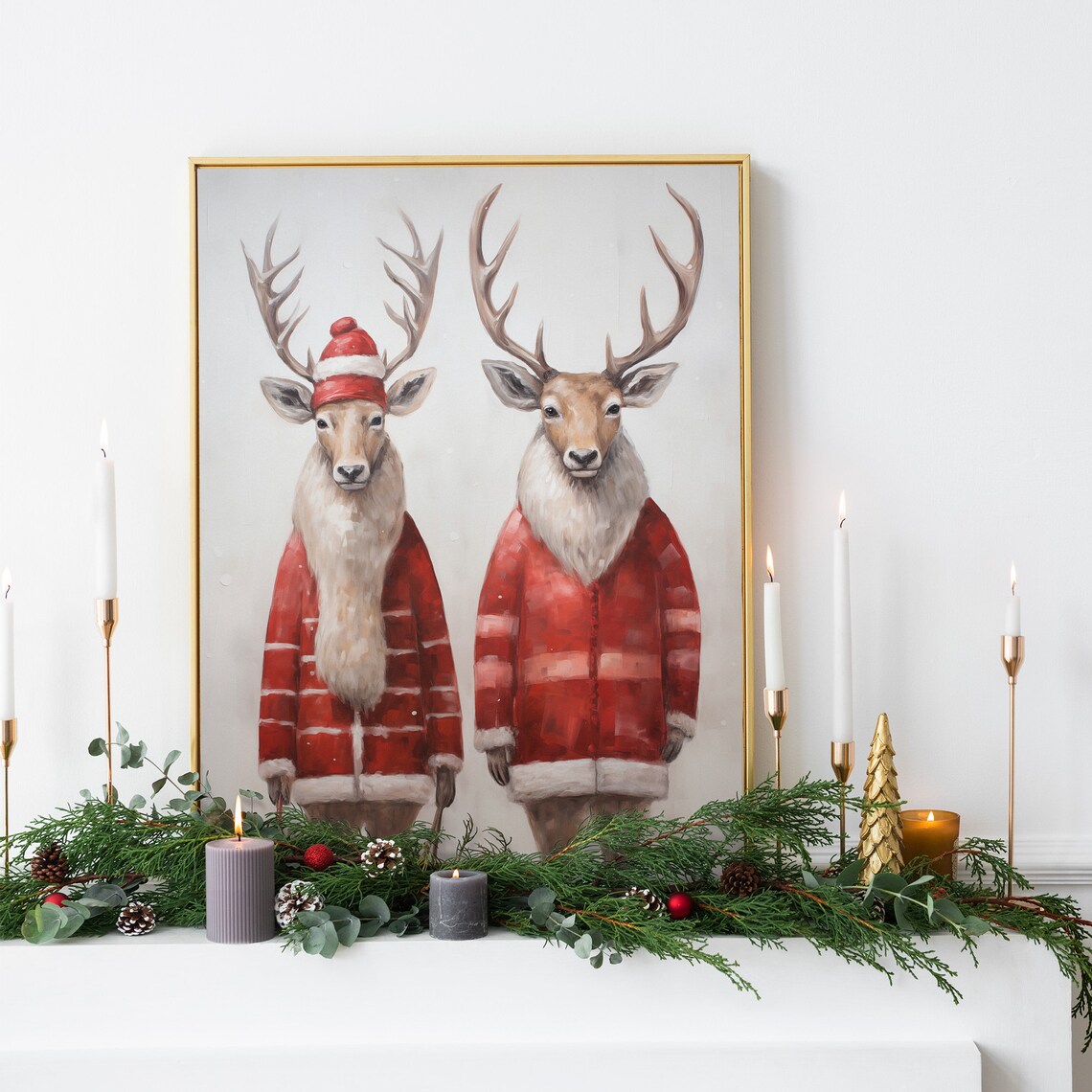 Funny Reindeer Couple in Red Coats Whimsical Christmas Animal Poster - Image 4