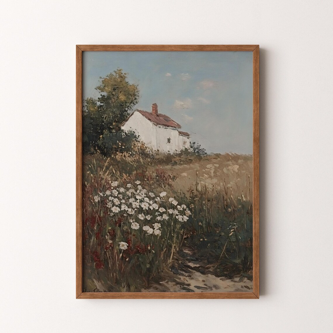 Vintage Rustic Cottage Painting, Moody Floral Garden Path