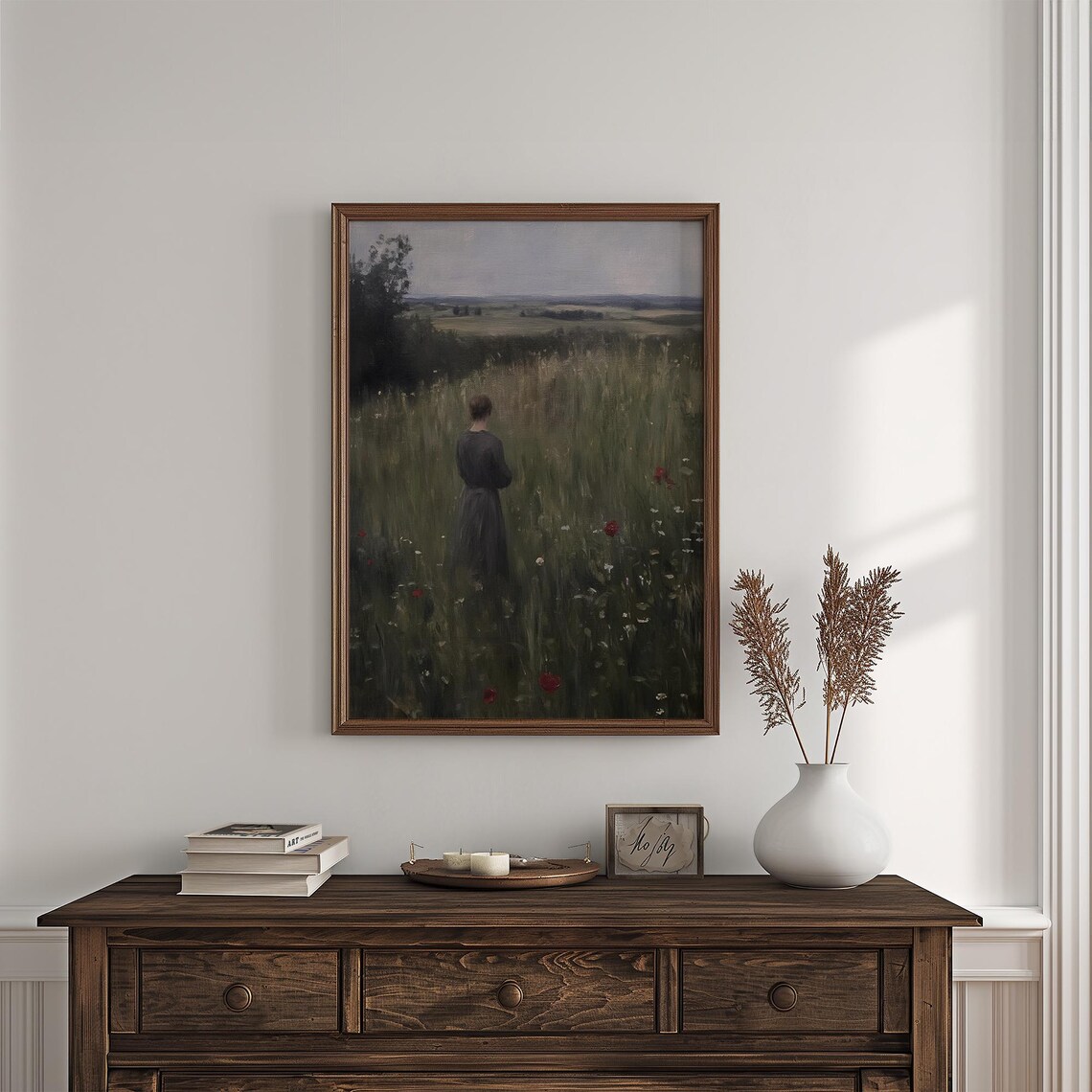 Woman In Dark Dress Standing In Wildflower Field Vintage Art Poster - Image 4