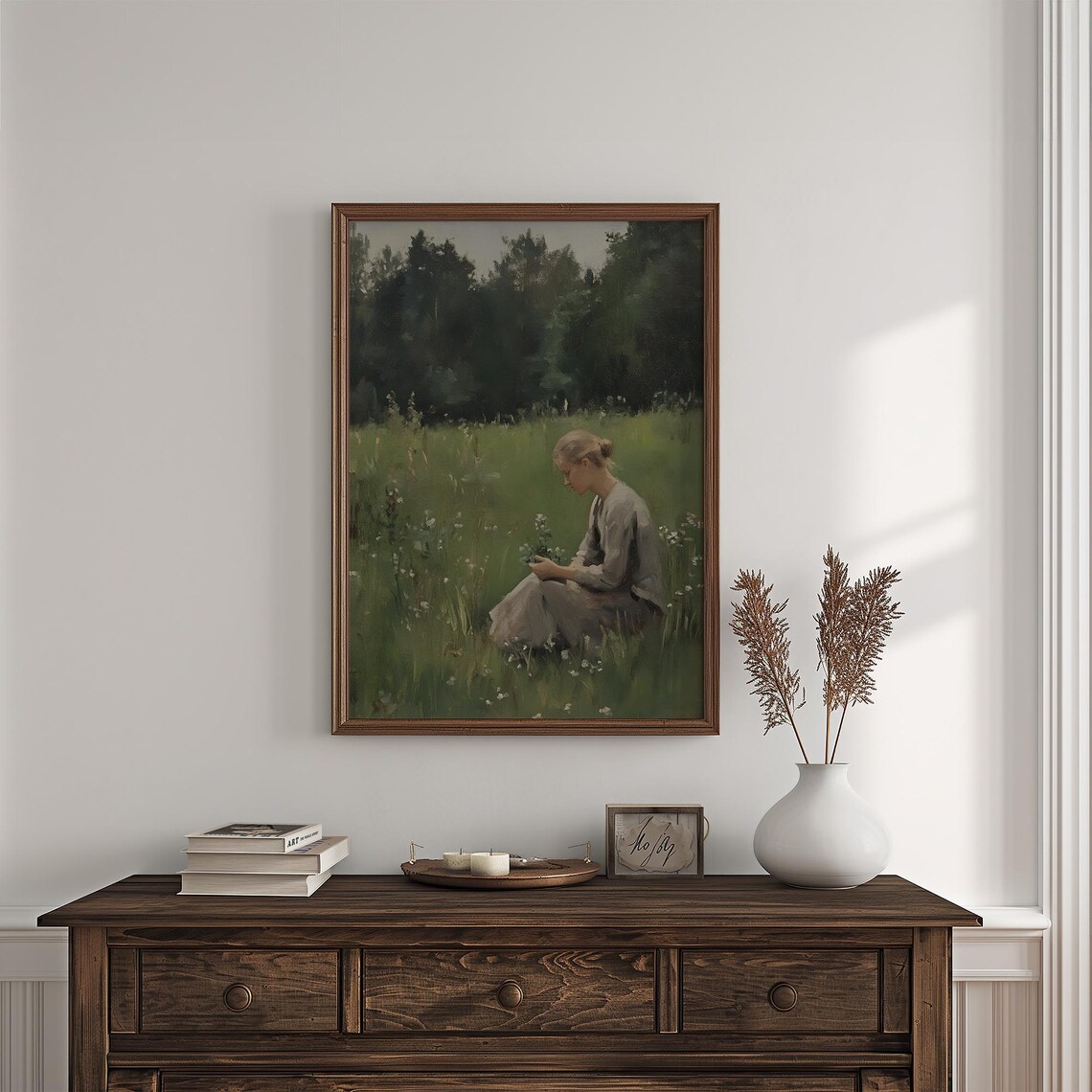 Woman Picking Flowers Meadow Green Field Dark Forest Edge Oil Poster - Image 4