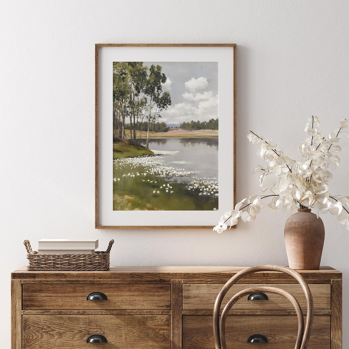 Vintage Spring Lake Landscape, Wildflowers Forest Scene - Image 7