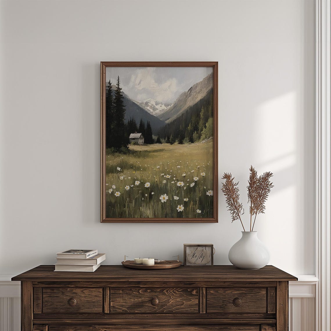 Alpine Meadow With Daisies And Cabin Vintage Mountain Painting Poster - Image 4