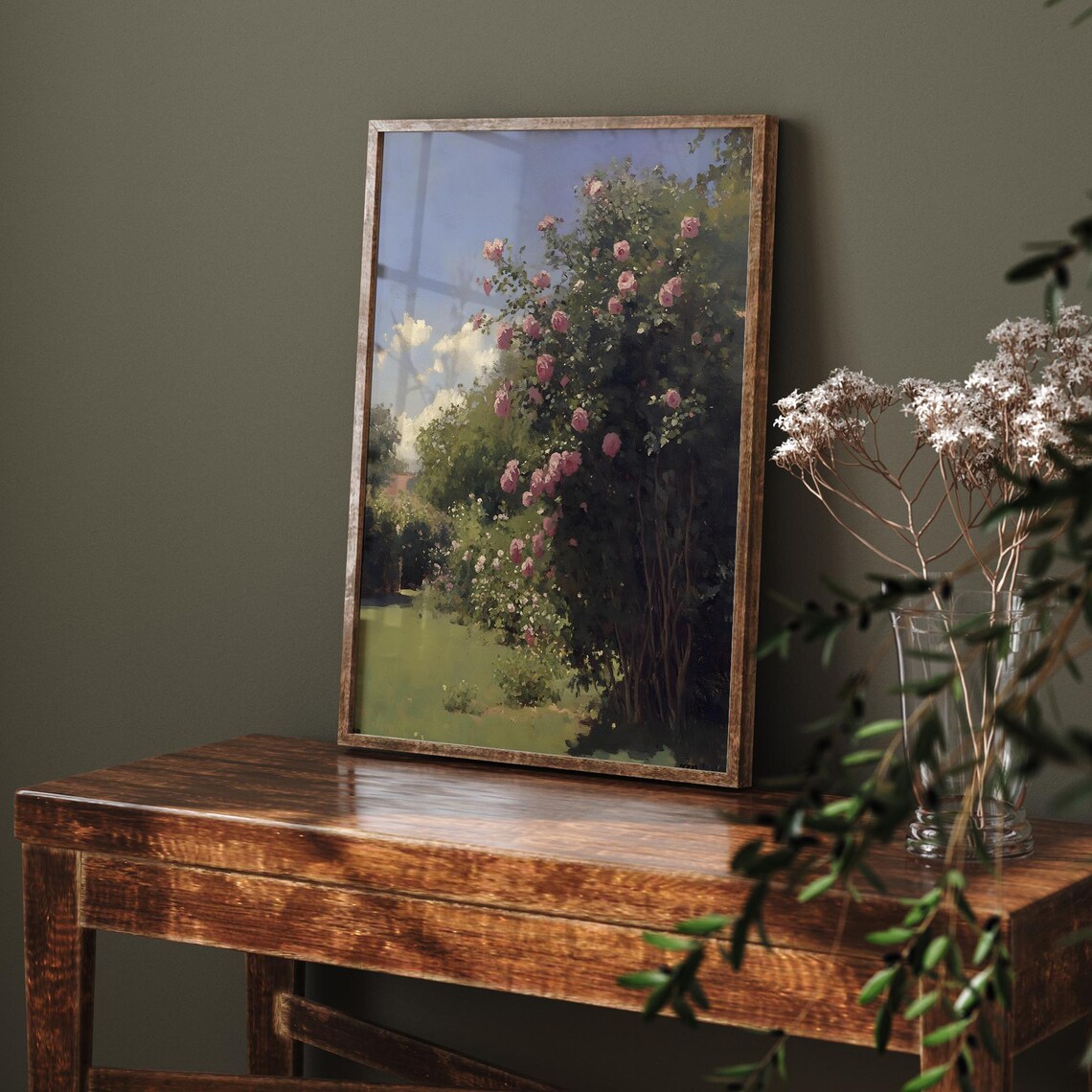 Vintage Rose Garden Painting, Flowering Tree Art - Image 6