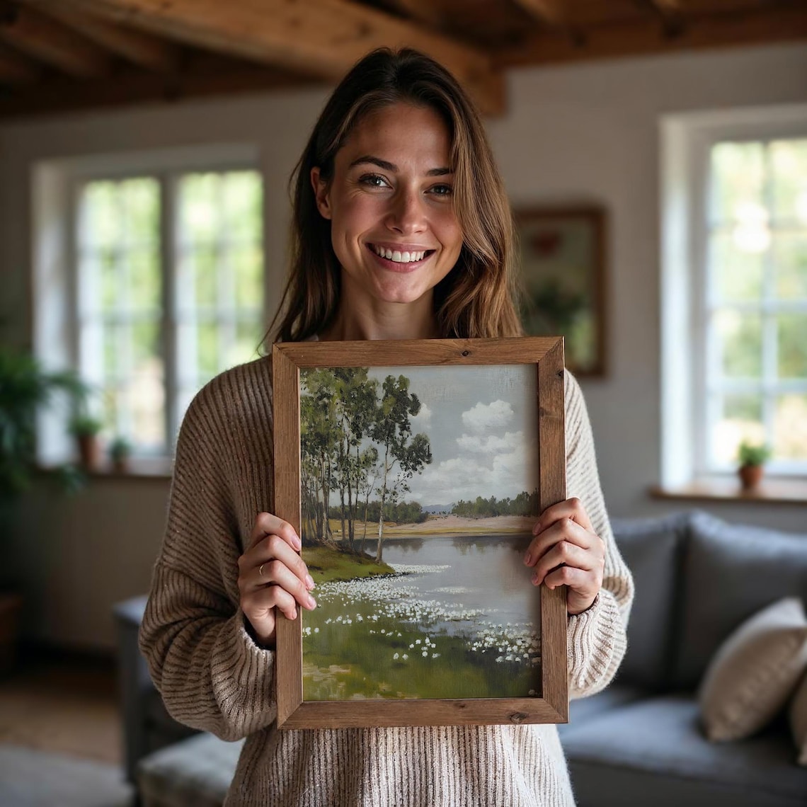 Vintage Spring Lake Landscape, Wildflowers Forest Scene - Image 5