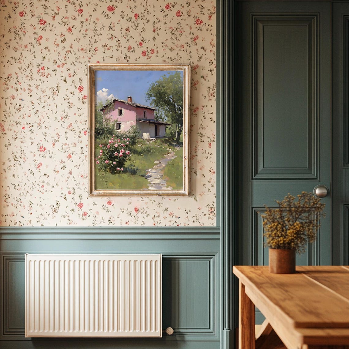 Pink Cottage With Rose Garden Vintage Country House Painting Poster - Image 3