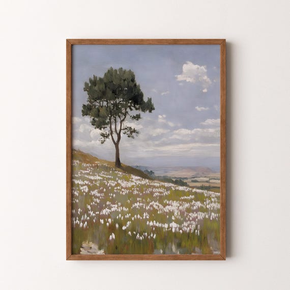 Vintage Landscape Painting Rustic Field Of Cotton Grass Lone Tree Muted Nature Wall Art Vi213