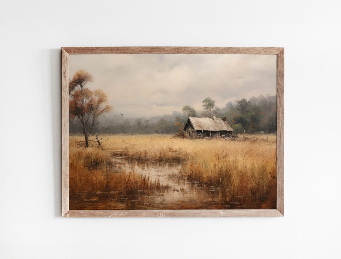 Rustic Old Cottage In Golden Field With Pond Painting Poster - Image 3
