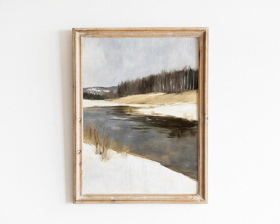 Moody Winter River Landscape Neutral Brown Gray Vintage Painting Poster
