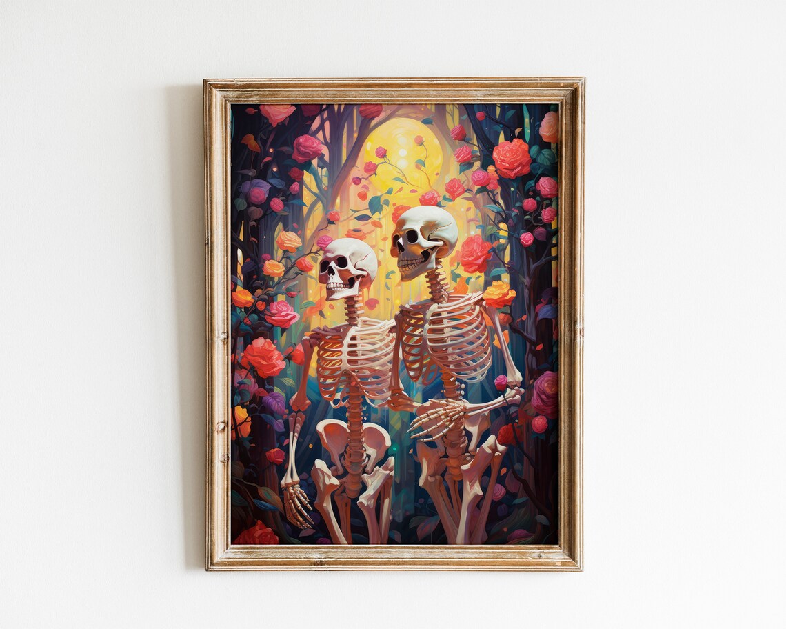 Skeleton Couple Among Red Roses In Moonlit Garden Halloween Poster