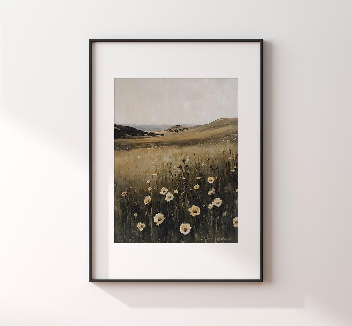 Golden Wildflower Meadow At Dusk Vintage Coastal Field Painting Poster - Image 2
