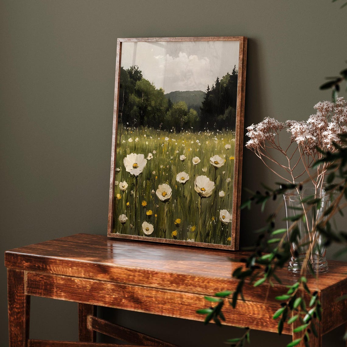 White Poppy Meadow With Forest Hills Vintage Floral Painting Poster - Image 6