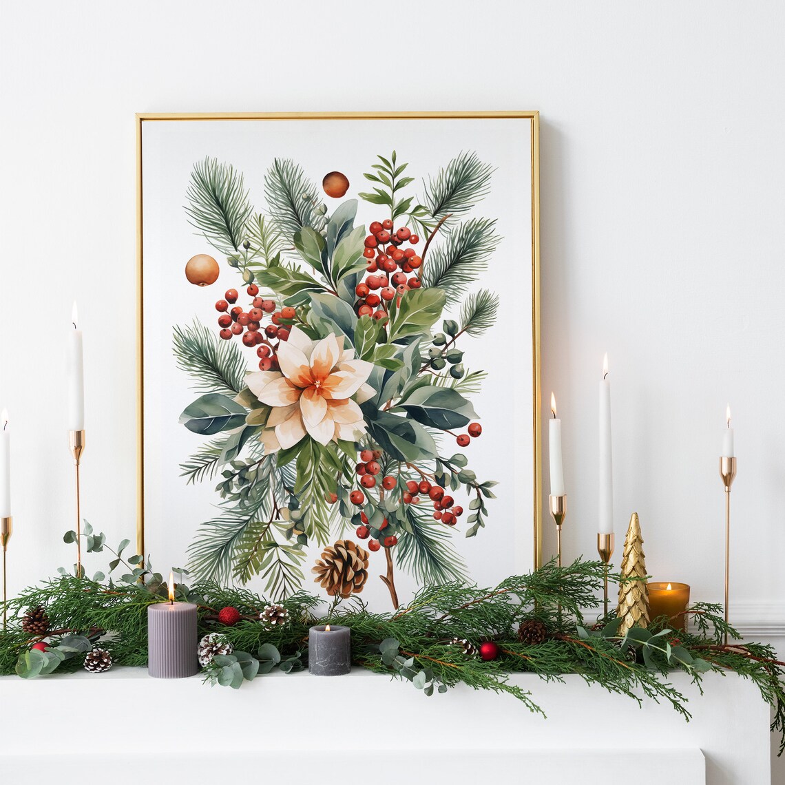 Winter Botanical Poinsettia Berries Watercolor Christmas Floral Poster - Image 3