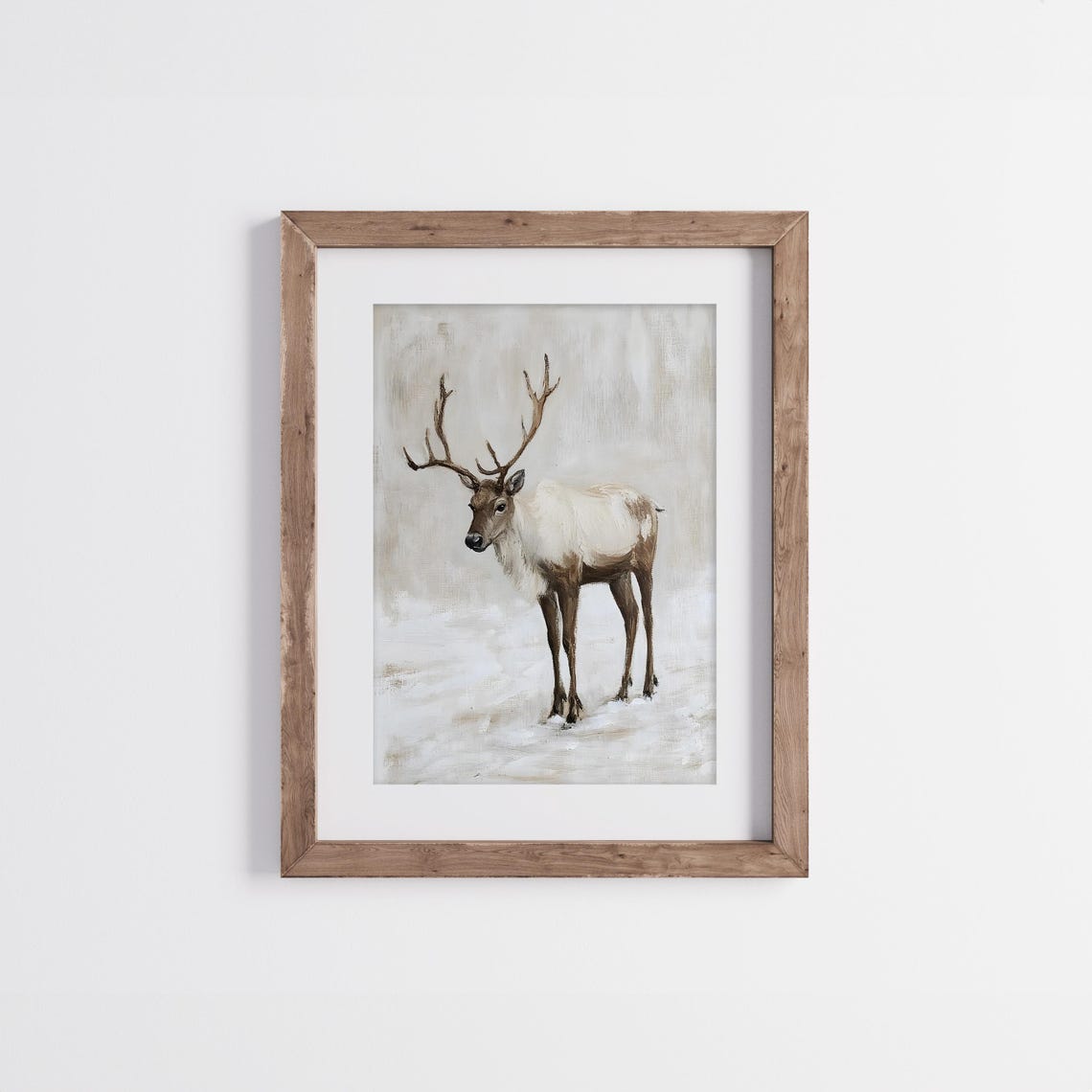 Standing Reindeer In Snow Neutral Toned Vintage Winter Animal Poster - Image 4