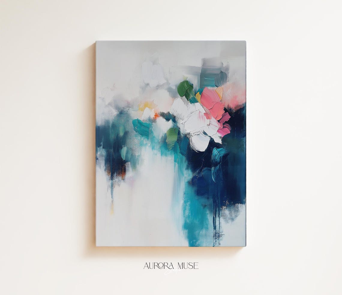 Abstract Pink Peony Bloom On Blue Grey Washes Floral Wall Art