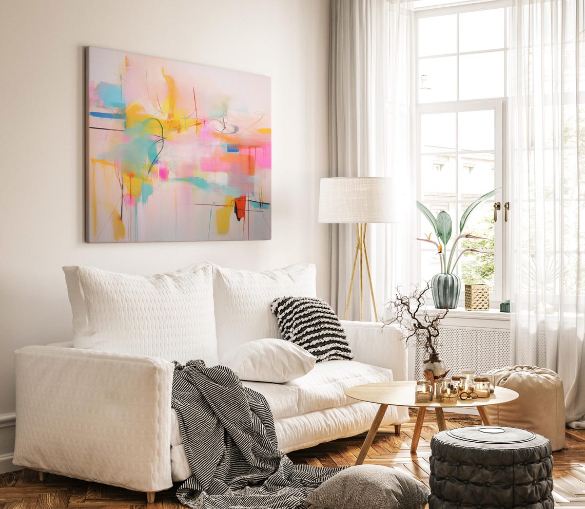 Pastel Pink Yellow Bright Abstract Scribble Oil Painting Wall Art - Image 5