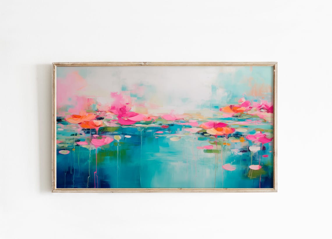 Turquoise Water Abstract With Pink Orange Blossom Clusters Poster