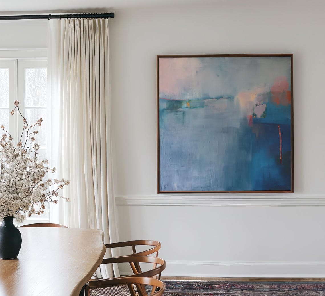 Contemporary Blue Abstract Canvas With Coral Accents Wall Art - Image 3
