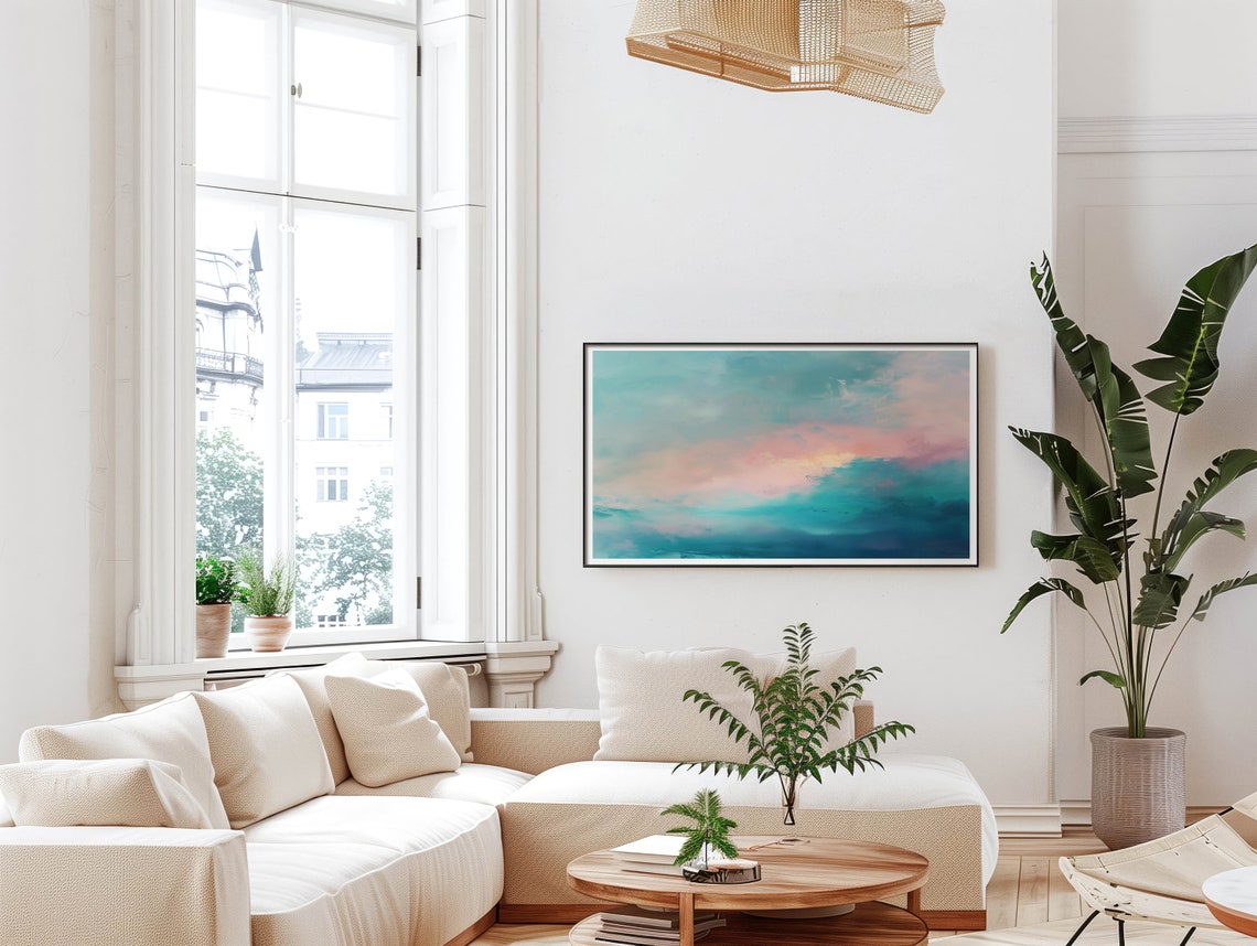 Soft Pink Cloud Teal Sky Dreamy Abstract Seascape Oil Poster - Image 5