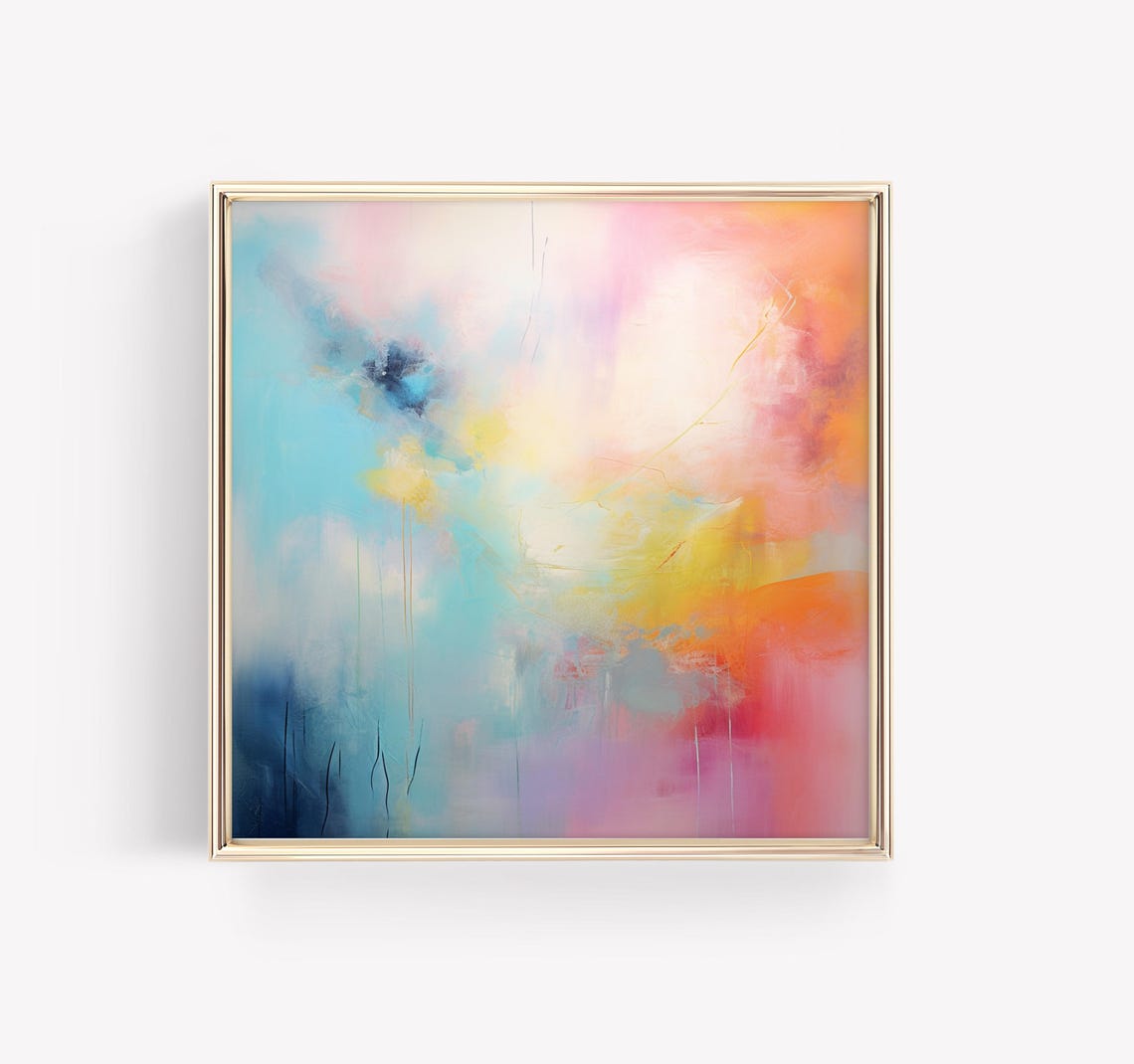 Pastel Turquoise Pink Orange Dreamy Abstract Painting Square Wall Art - Image 5