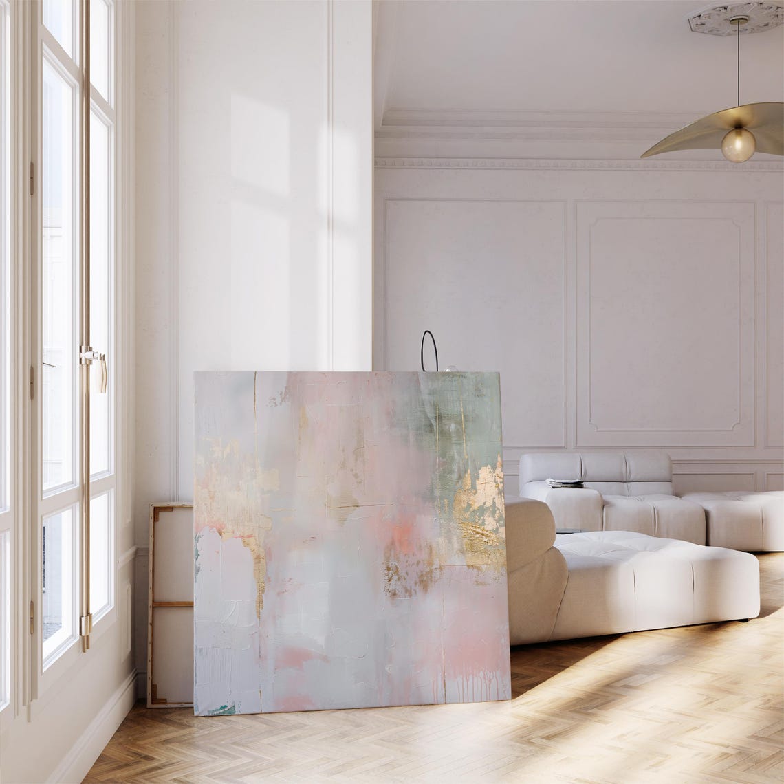Pale Blush Gold Leaf Textured Large Abstract Modern Canvas Wall Art
