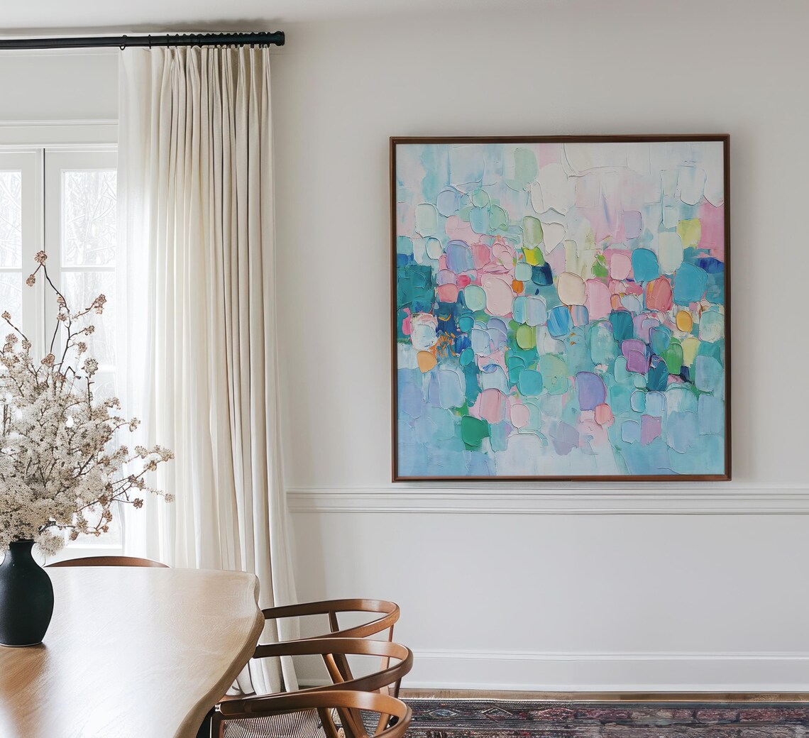 Colorful Palette Knife Mosaic Abstract In Blue And Pink Print - Image 2