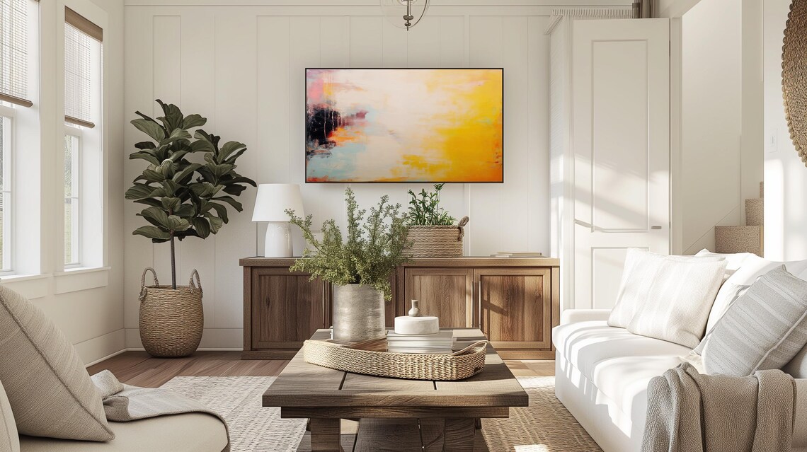 Golden Yellow Abstract Oil Painting With Navy Blue Brushstroke Poster - Image 2