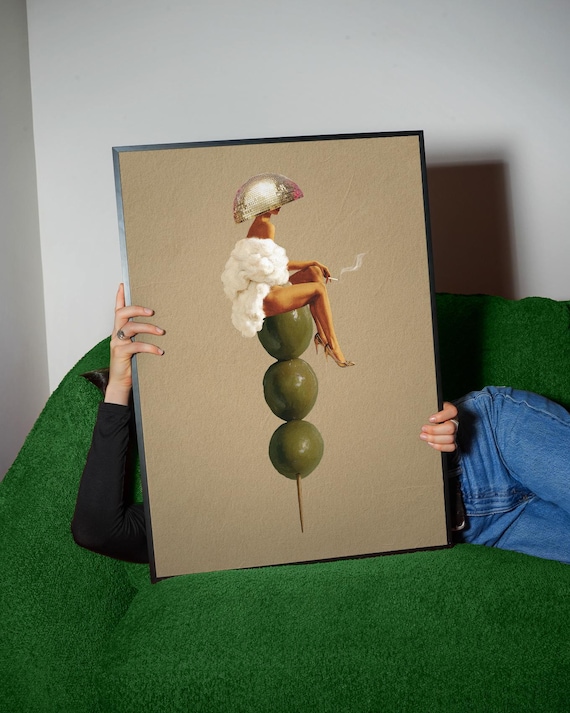 Funky Disco Ball Woman on Olive Skewer Retro Cocktail Poster