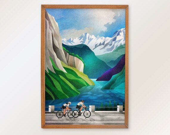 Cycling By The Lake Art Print, Landscape Poster