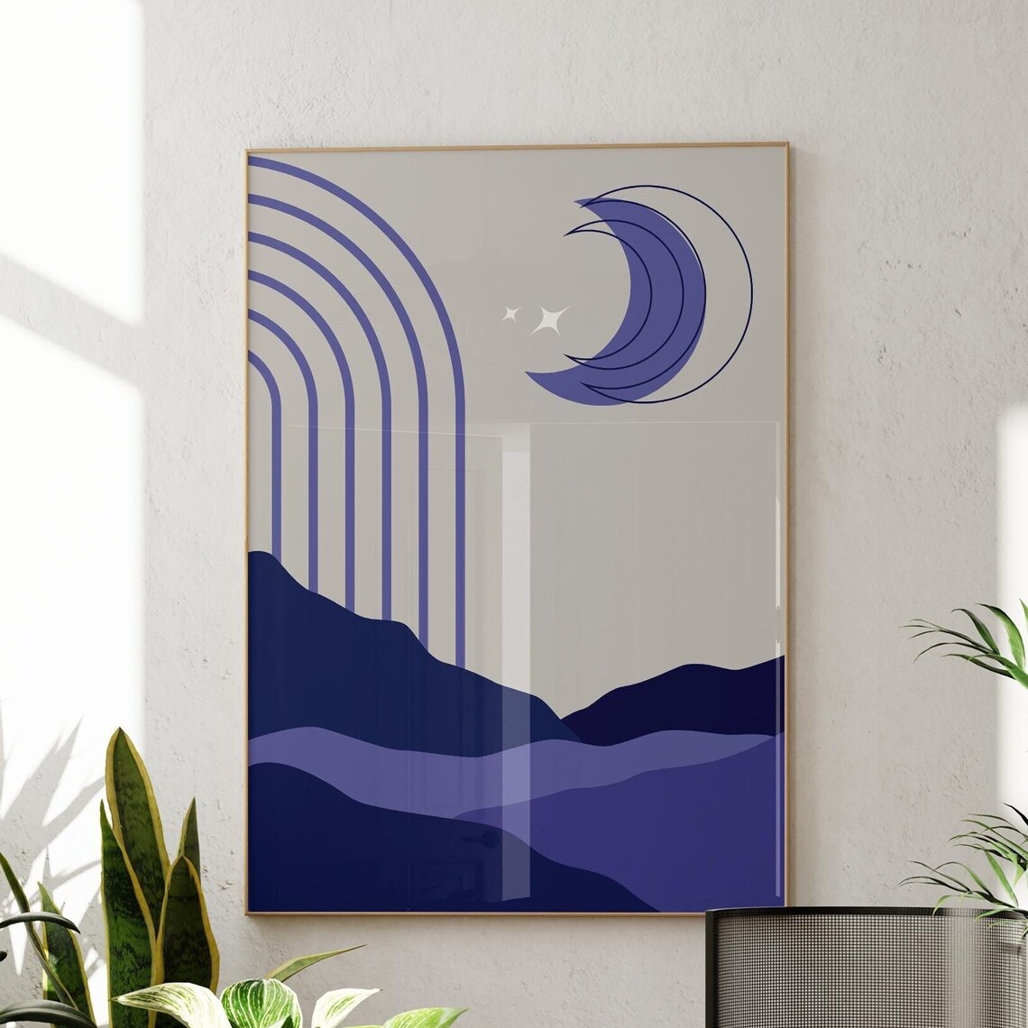 Mid Century Modern Desert Night Print Indigo Moon Stars Abstract Art