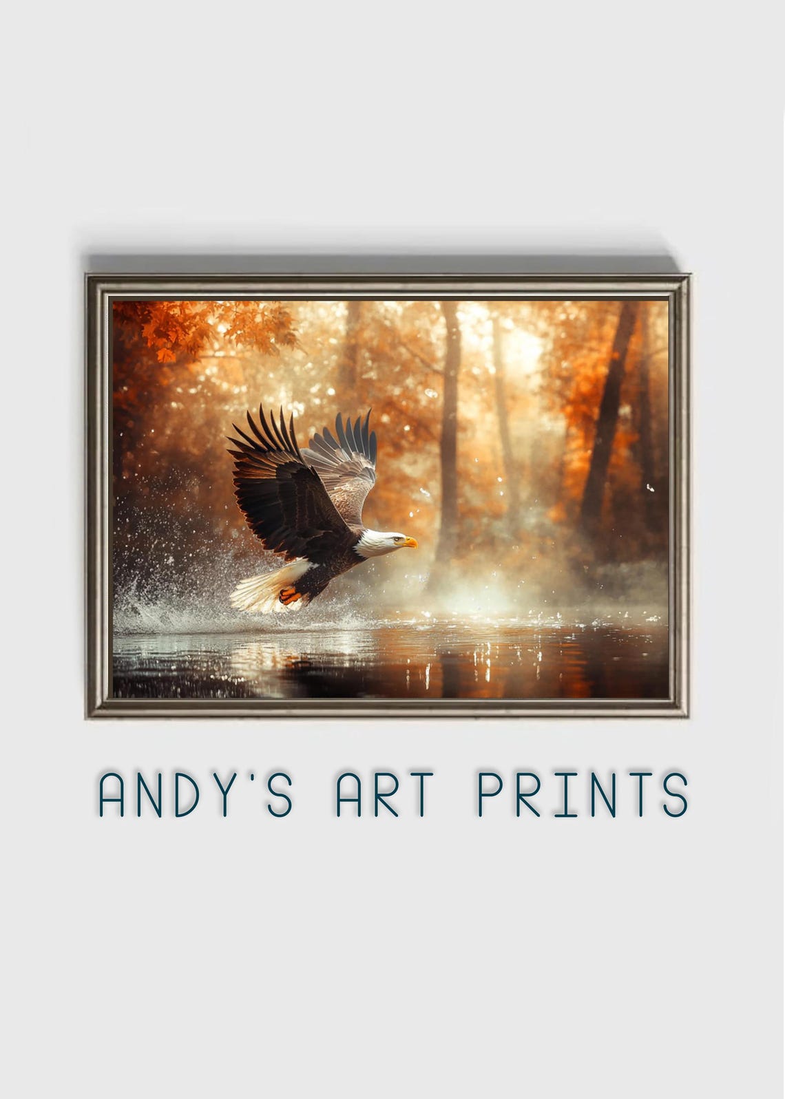 Bald Eagle Soaring Over Water in a Glowing Autumn Forest Poster