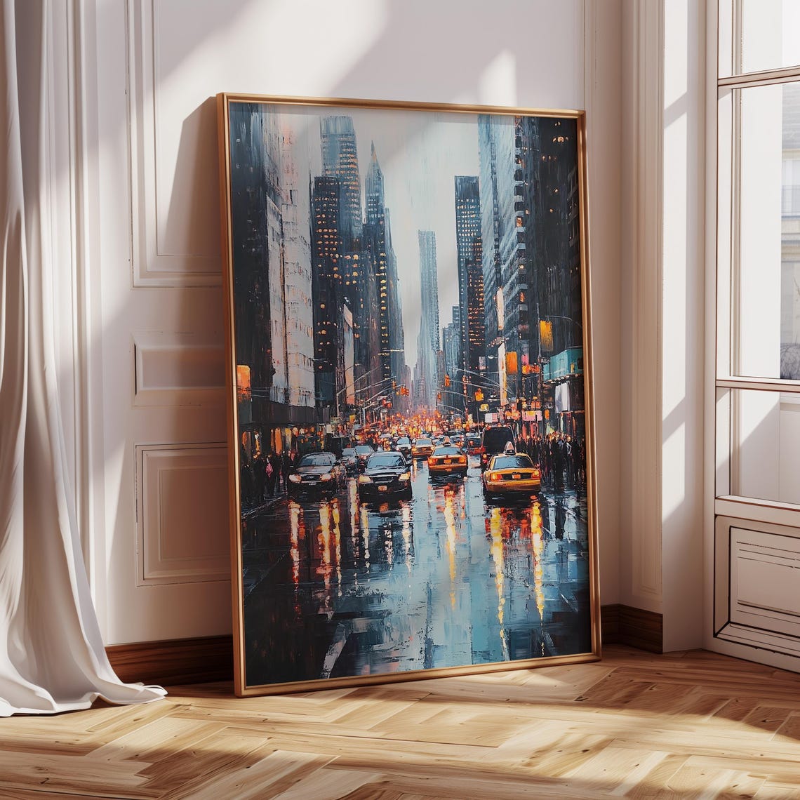 Rainy New York Night Avenue With Taxis And Towering Skyscrapers Poster