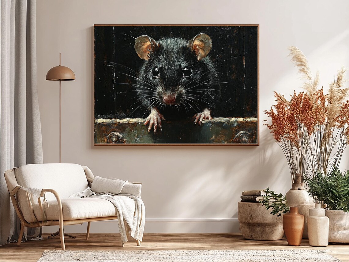 Curious Wide-Eyed Black Mouse Peeking Over A Wooden Ledge Poster - Image 3