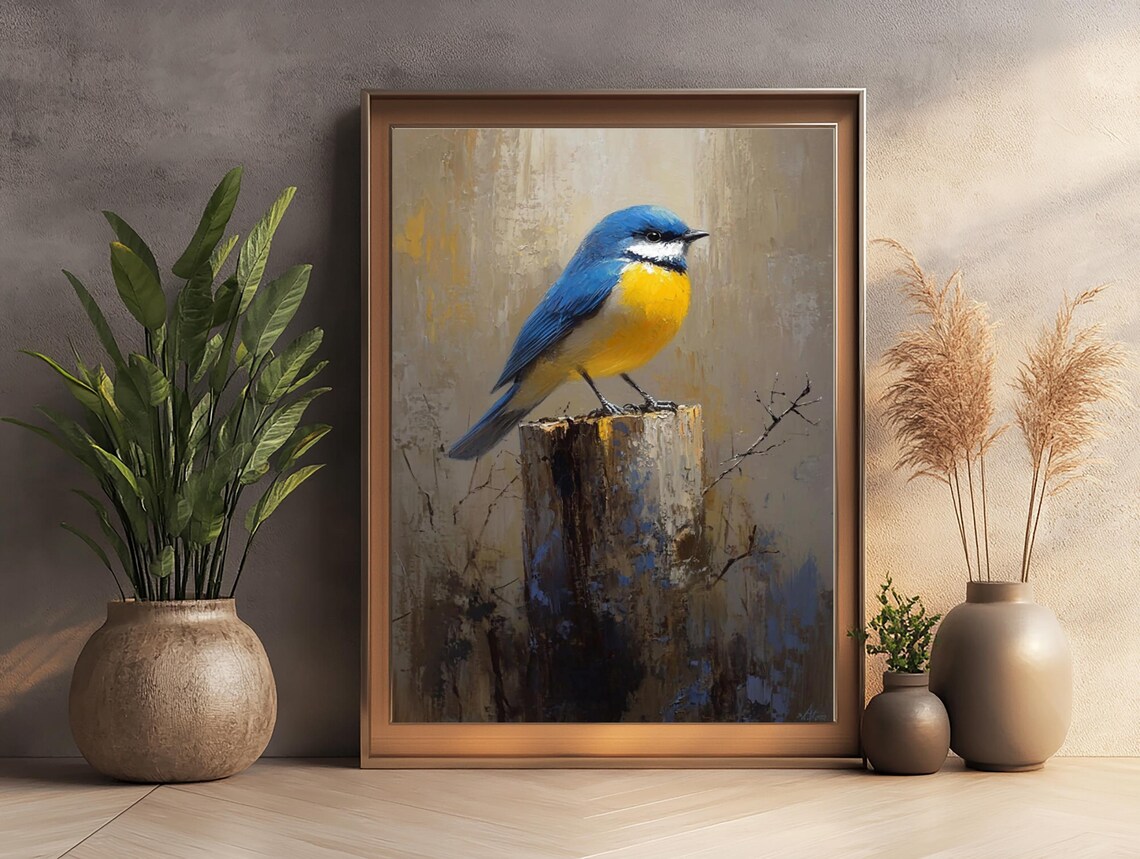 Blue Tit Bird On Wooden Stump Rustic Oil Painting Art Poster