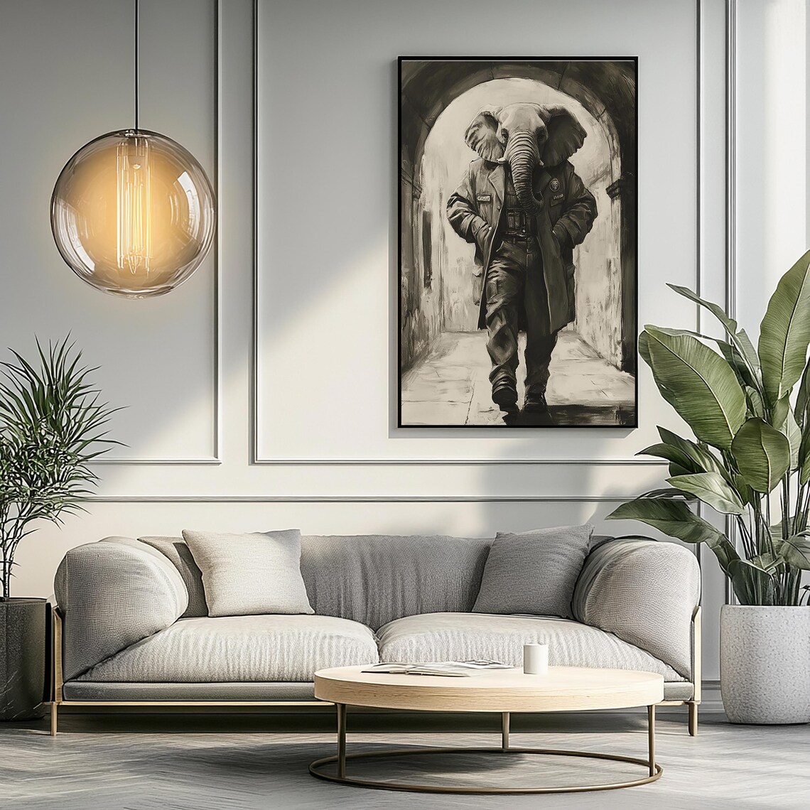Quirky Elephant Detective In Trench Coat Striding Through Archway Poster - Image 2
