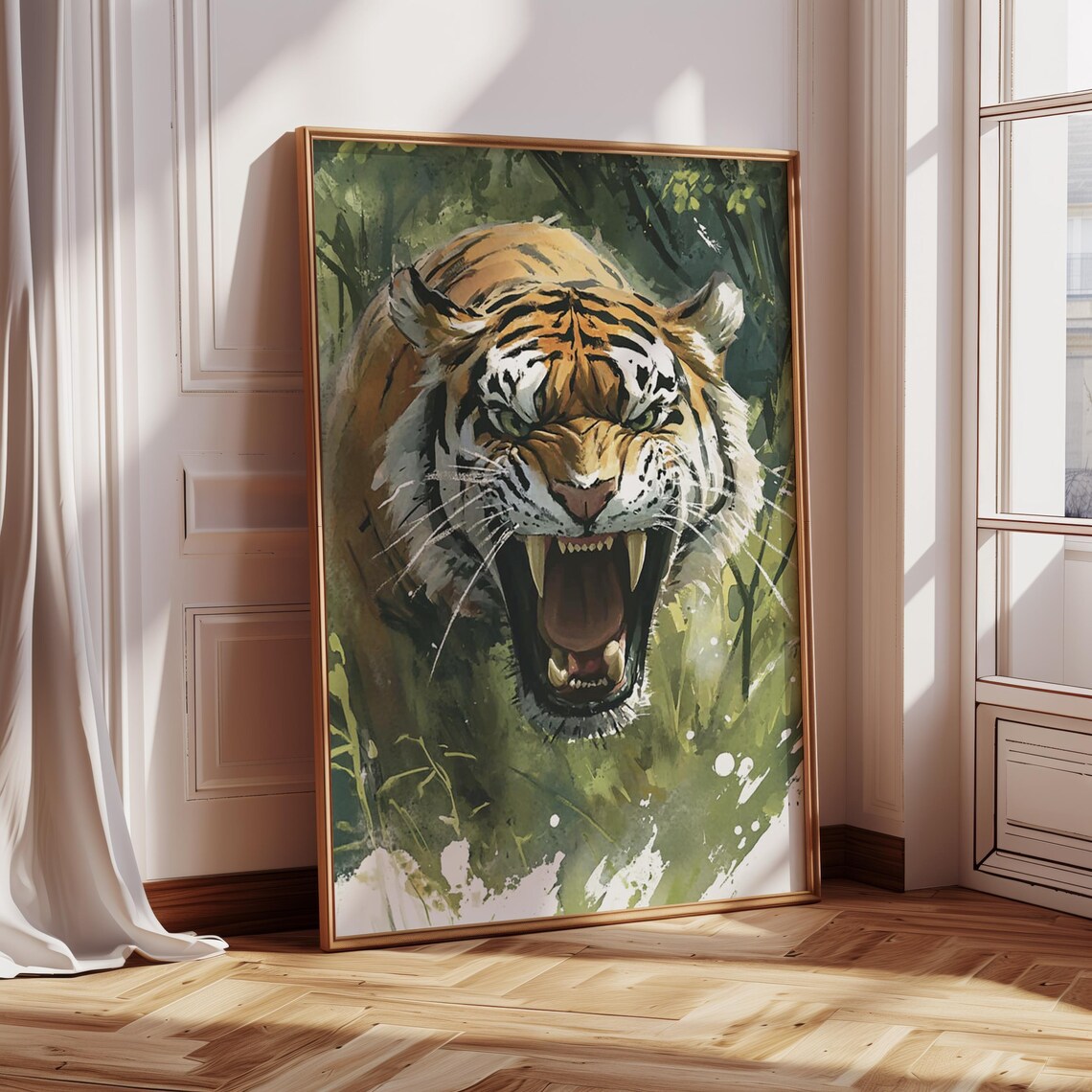 Roaring Tiger Emerging From Jungle Green Wildlife Oil Painting Poster - Image 2
