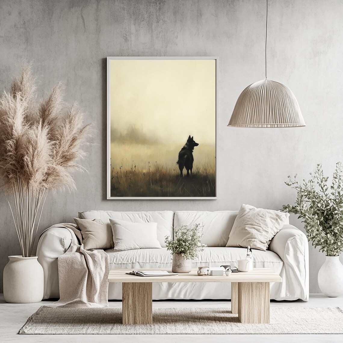 Black German Shepherd Silhouette In Misty Golden Field Art Print