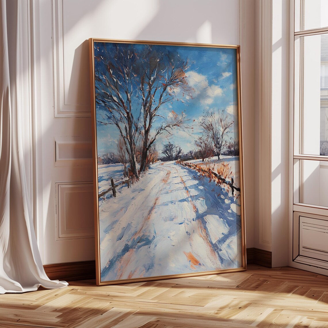 Snowy Country Road Winding Under a Bright Blue Winter Sky Poster