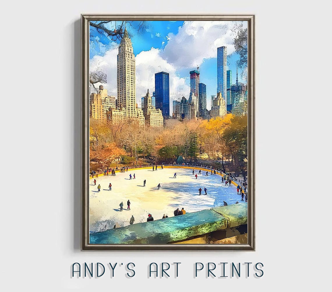 Joyful Central Park Ice Rink With Skaters And Manhattan Skyline Poster