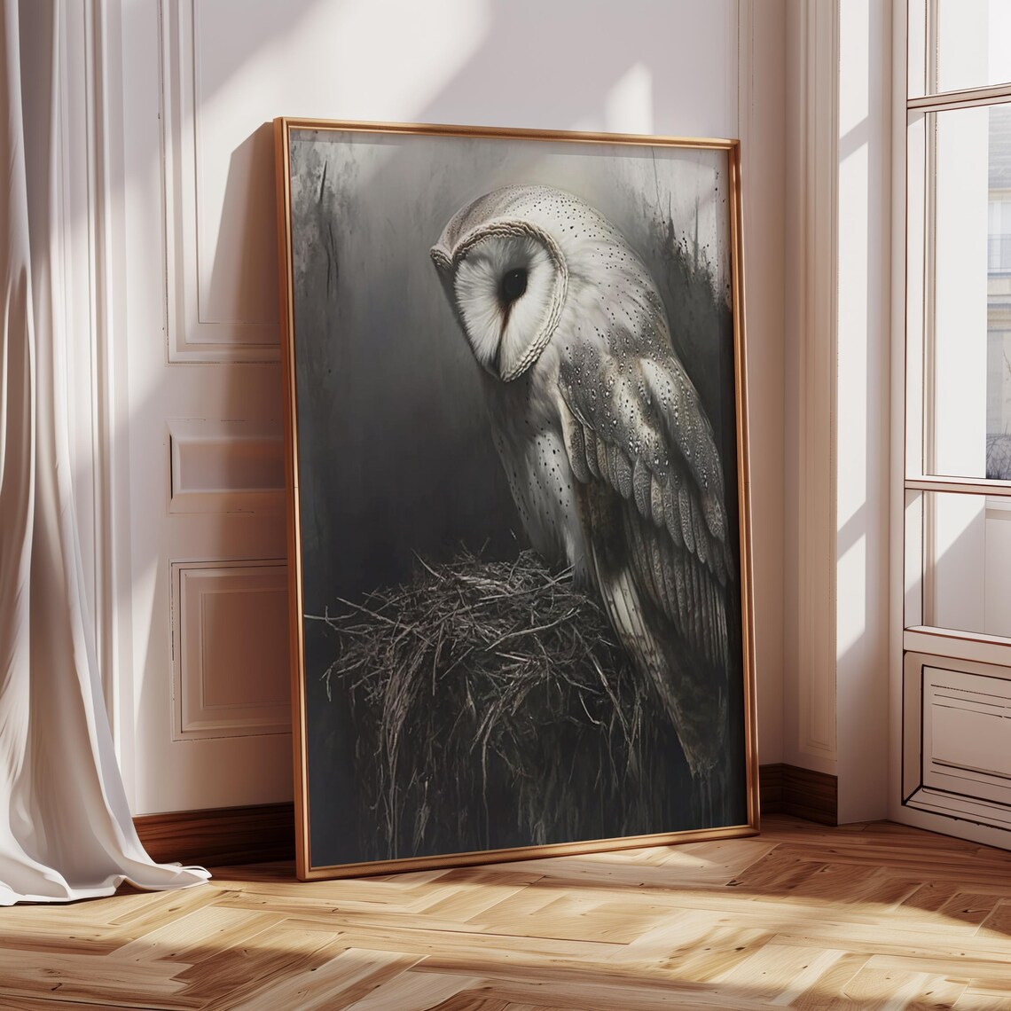 Serene Barn Owl Roosting Above Its Nest In Deep Shadow Poster