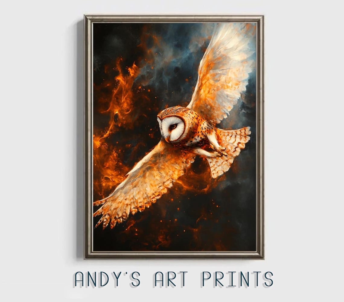 Dramatic Barn Owl In Flight Through Fiery Orange Blue Smoke Poster - Image 3