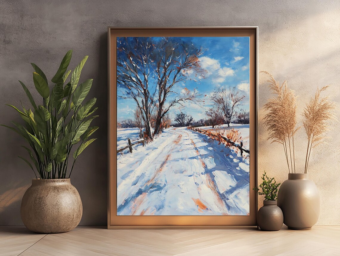 Snowy Country Road Winding Under a Bright Blue Winter Sky Poster - Image 3