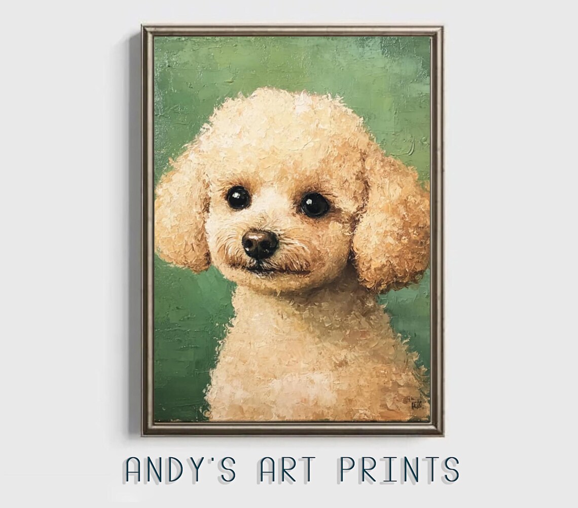 Apricot Poodle Puppy Portrait Green Background Oil Art Poster - Image 2