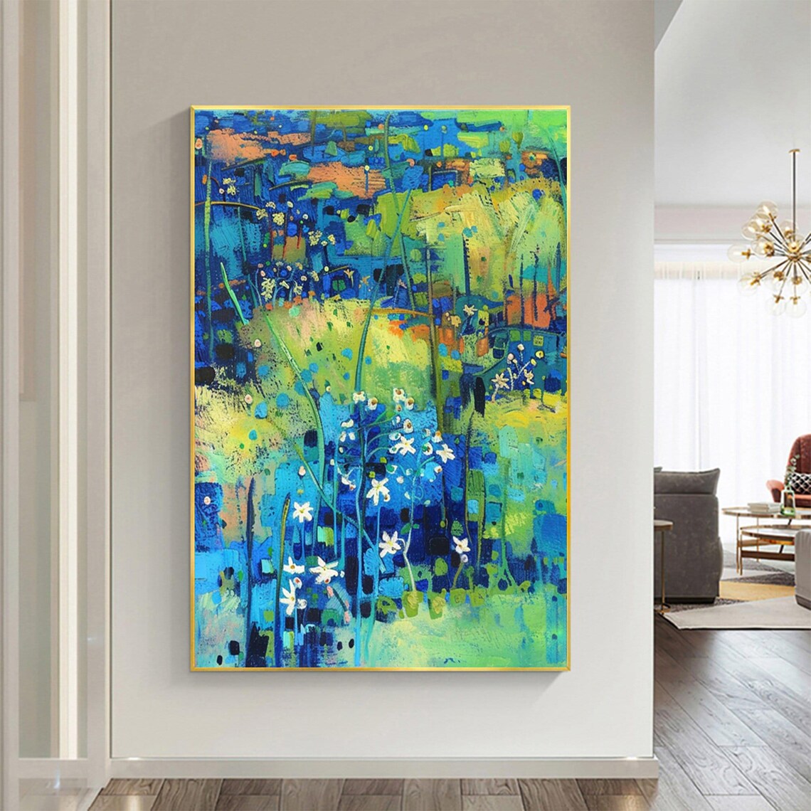 Blue and Green Abstract Wildflower Meadow Oil Painting Poster - Image 5